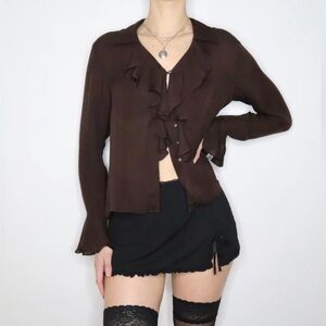 90’s Ralph Lauren Brown 100% Silk
Chiffon Ruffe Blouse Size 14 P